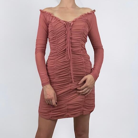 Majorelle Pink Off the Shoulder Long Sleeve Ruched Mini Dress - Picture 1 of 6